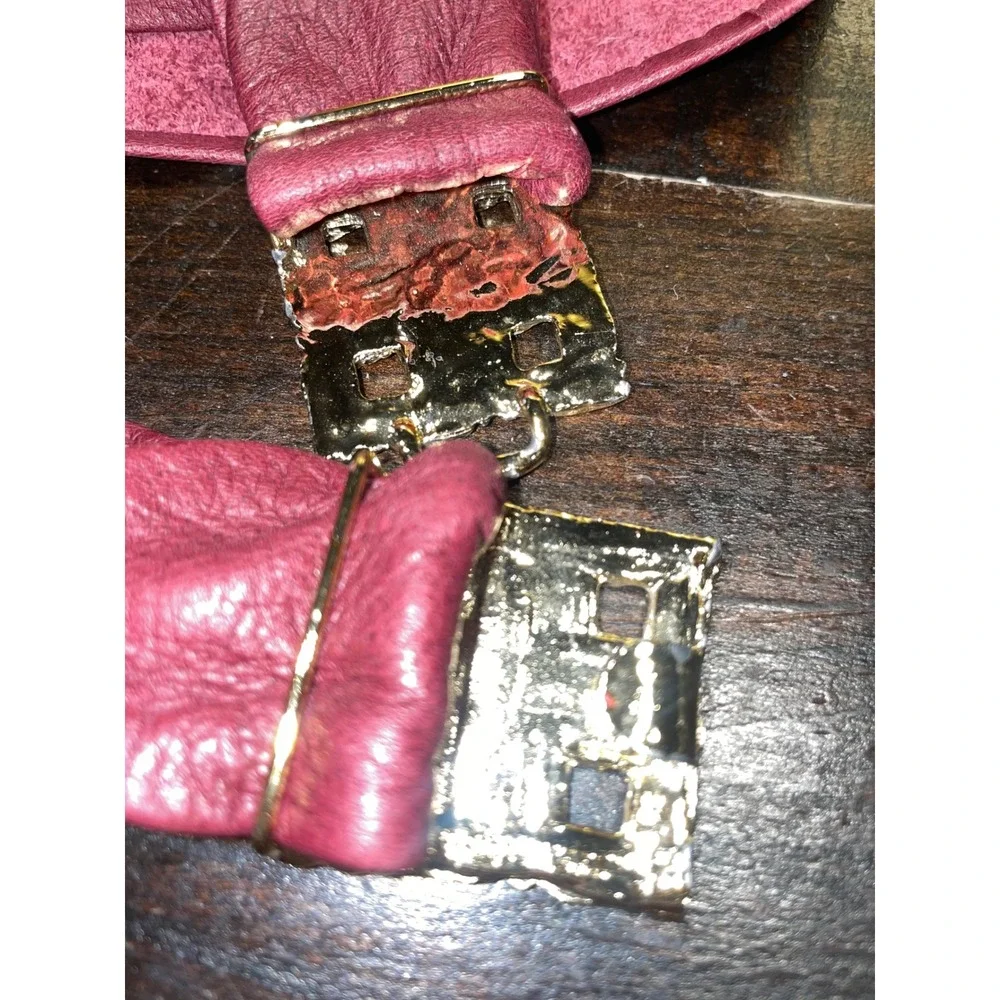 Vintage Ceinture Burgundy Leather Belt Gold Tone Woven‎ Buckle Fashion 80'